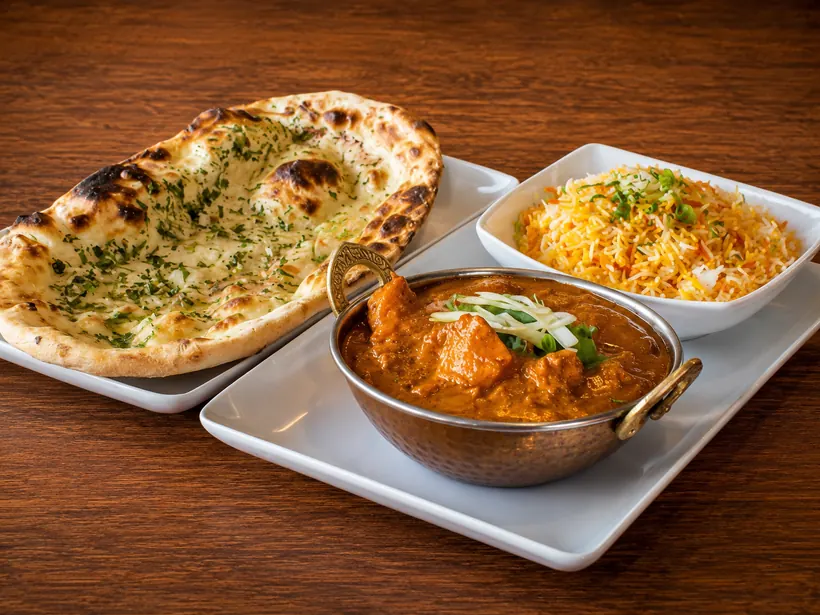 Curry, naan and rice